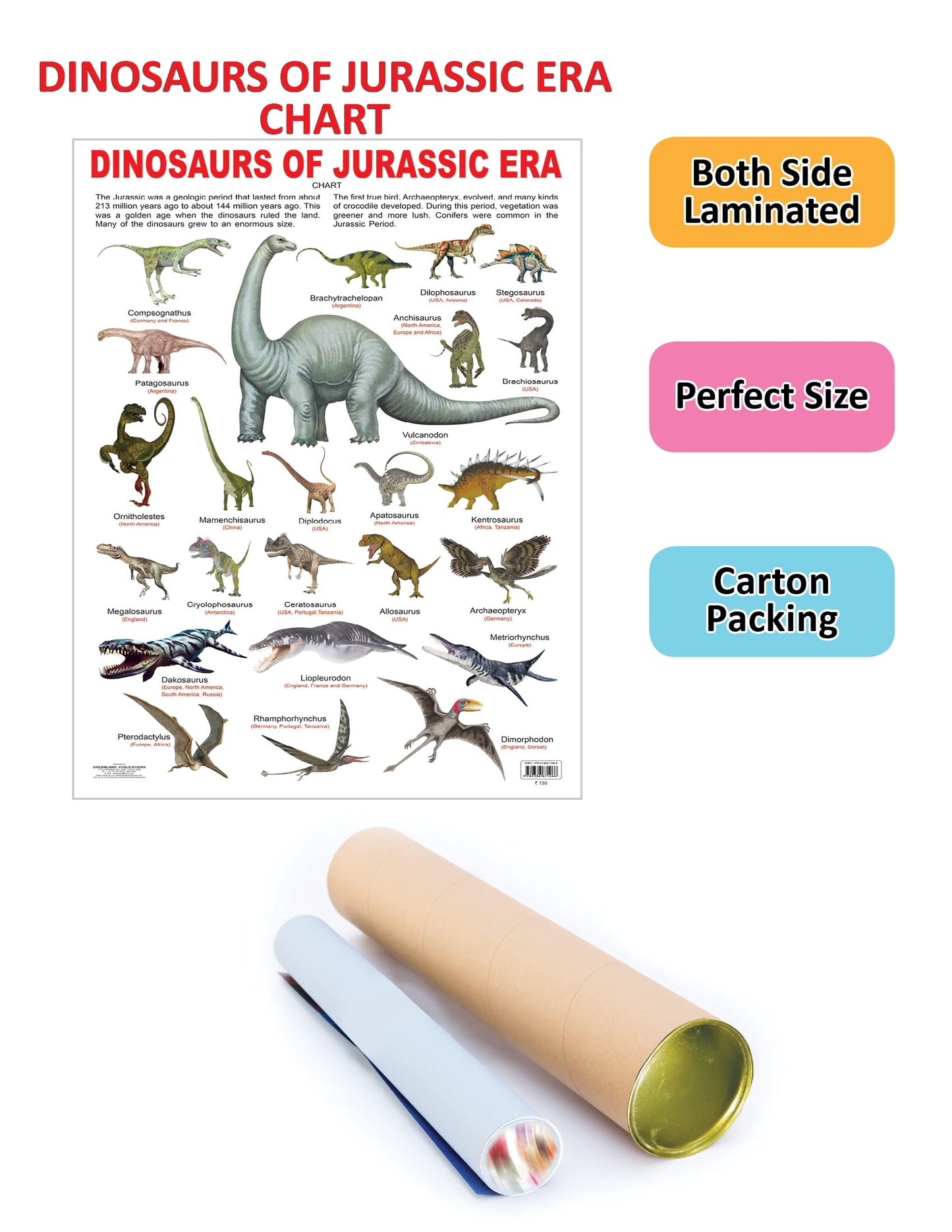 Dreamland Publications Educational Chart for Kids - Dinosaurs of Jurassic Era