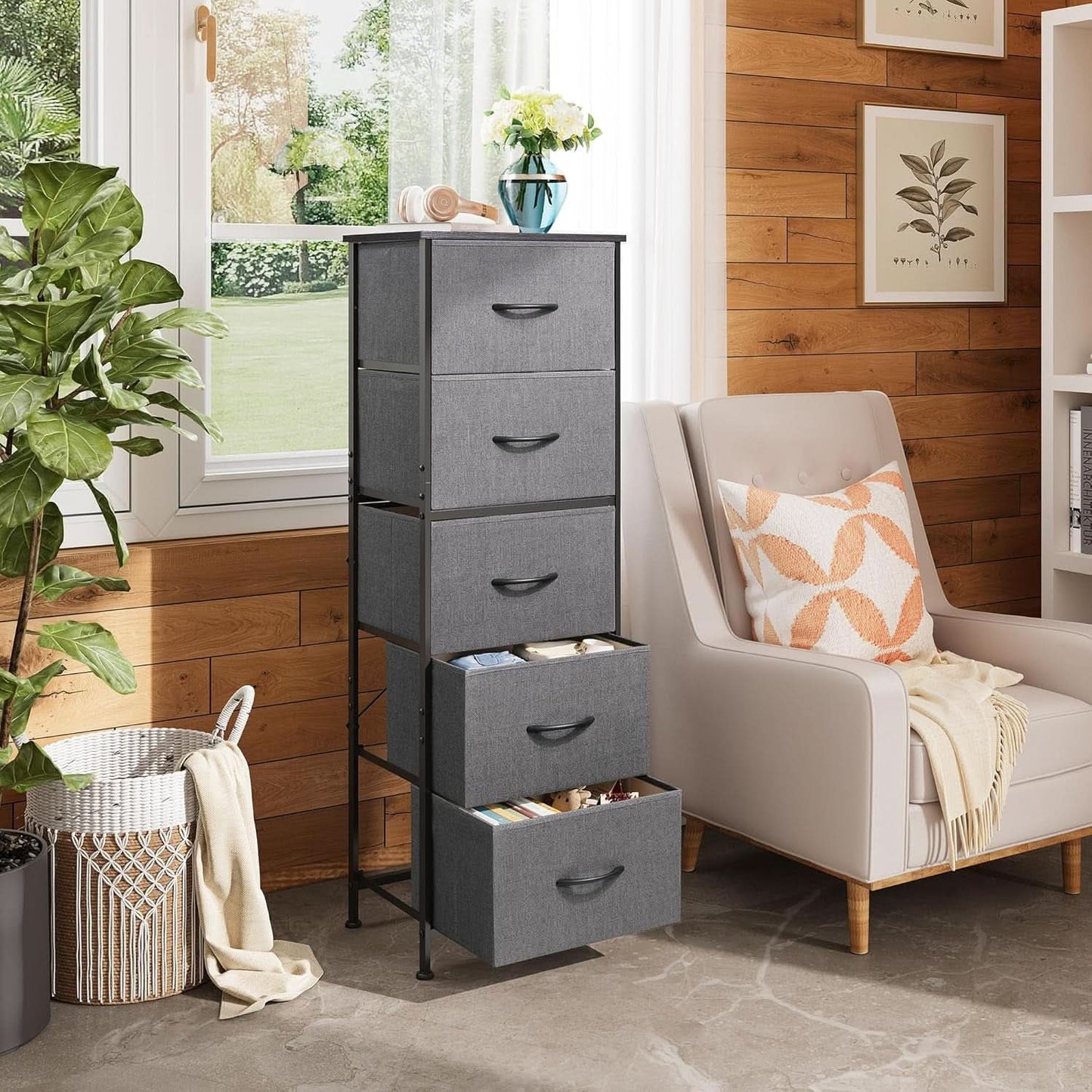 Dark Grey Fabric Dresser 5 Drawer Tall Storage Unit