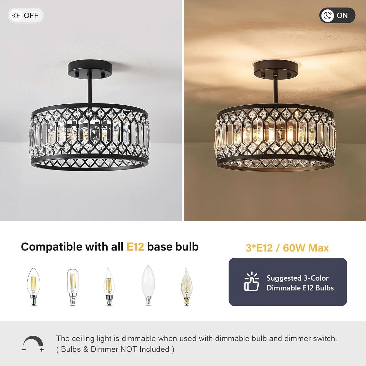 Crystal Black Three Light Semi Flush Mount Ceiling Light