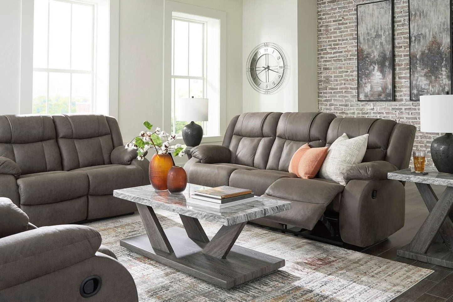 Contemporary Gray Faux Leather Manual Reclining Sofa