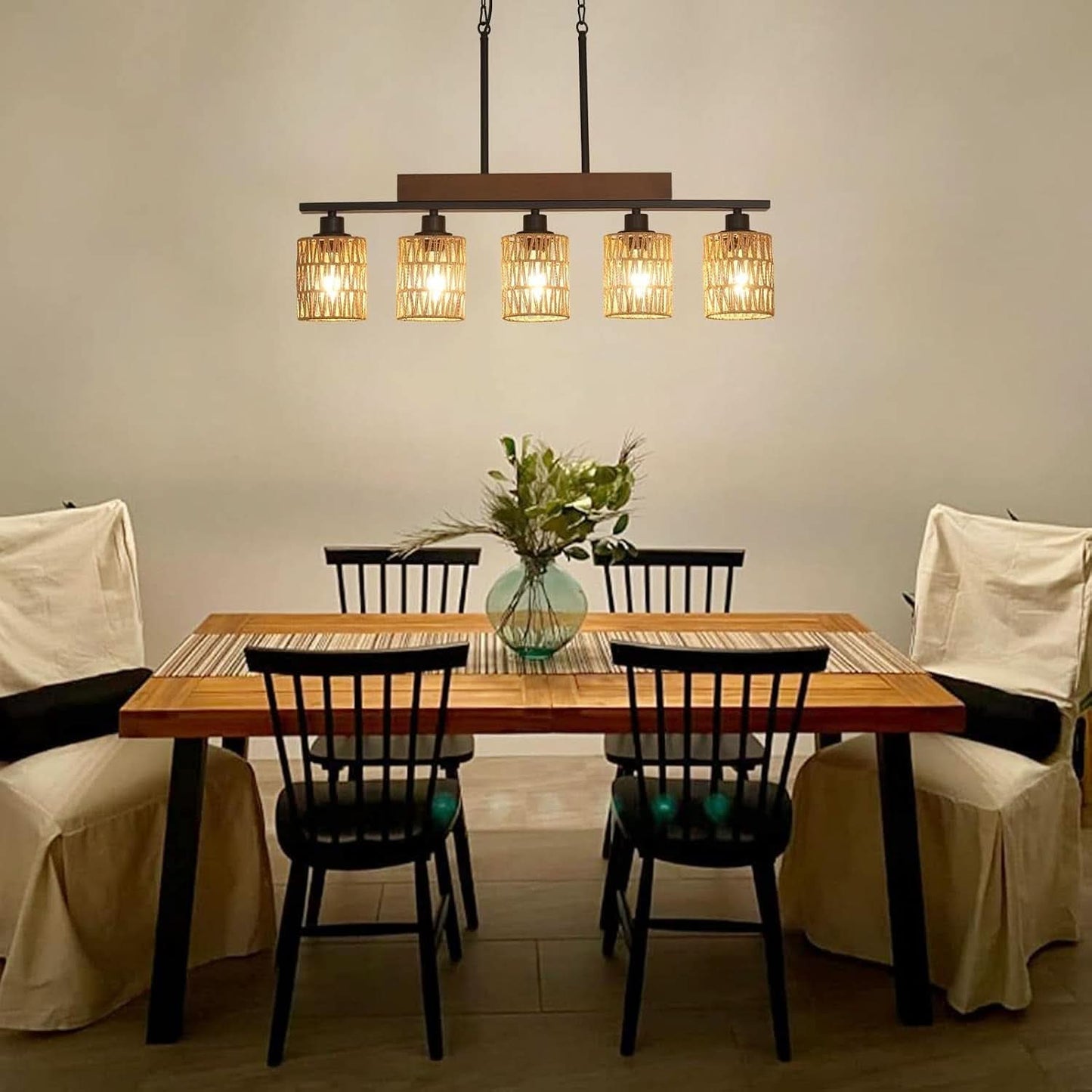 Rattan Farmhouse 5 Light Linear Chandelier Black Lighting