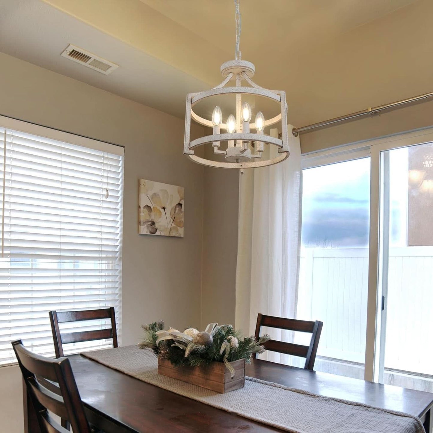 Distressed White 4 Light Farmhouse Chandelier Convertible Mount