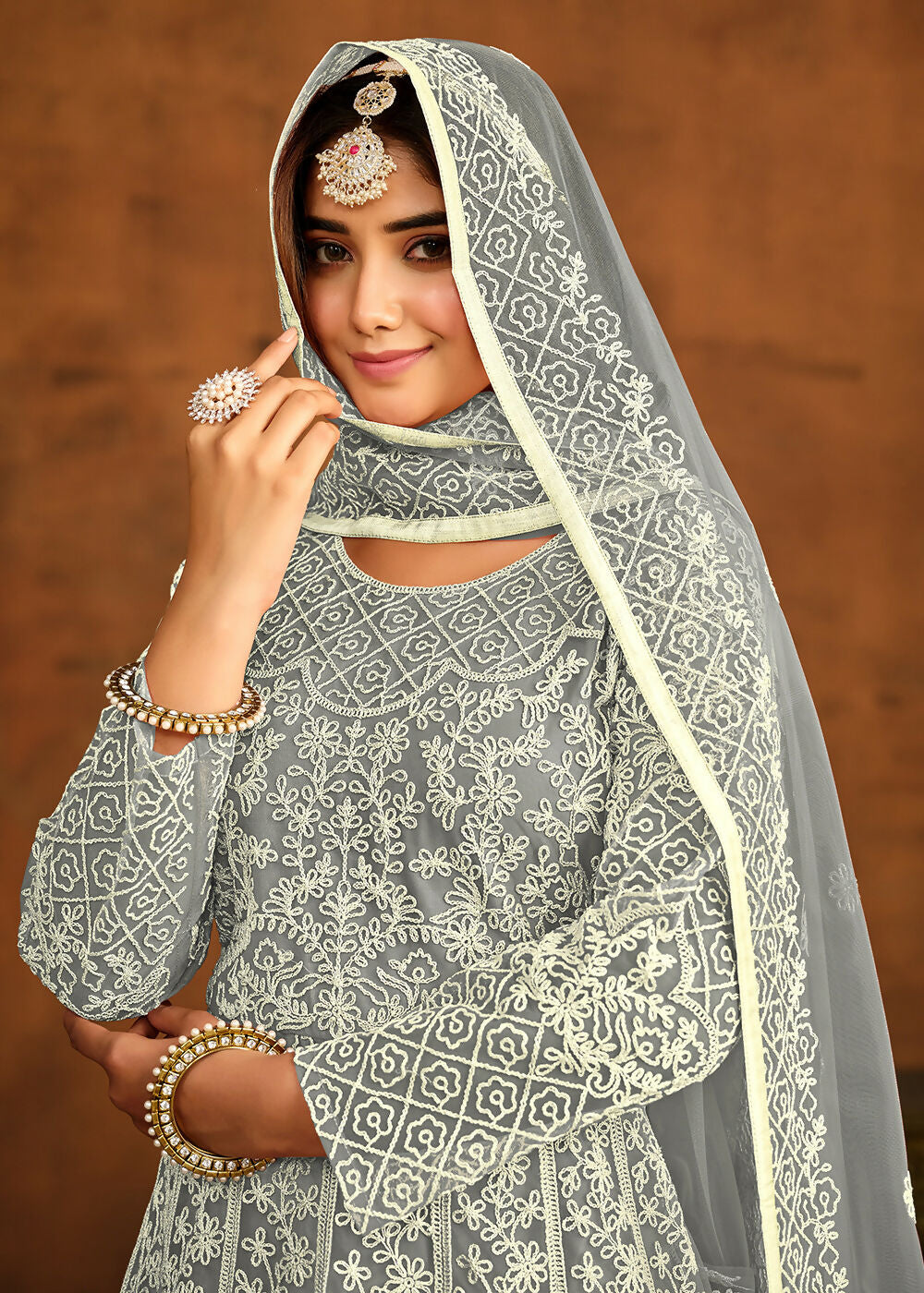 Grey All Over Embroidered Net Wedding Anarkali Suit - Emponline
