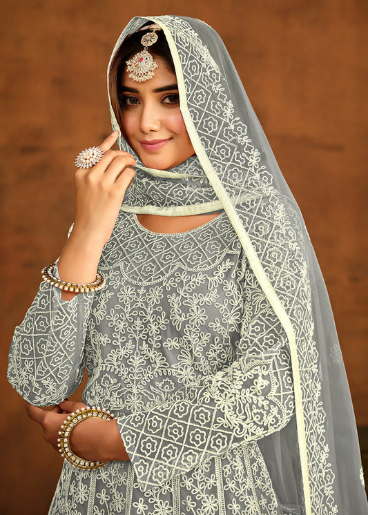 Grey All Over Embroidered Net Wedding Anarkali Suit - Emponline
