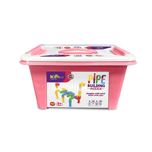 Kipa 150 Pieces Pipe Puzzle with Storage Container, Educational & Intellectual Playing Model Construction Blocks with Rolling Wheelbase