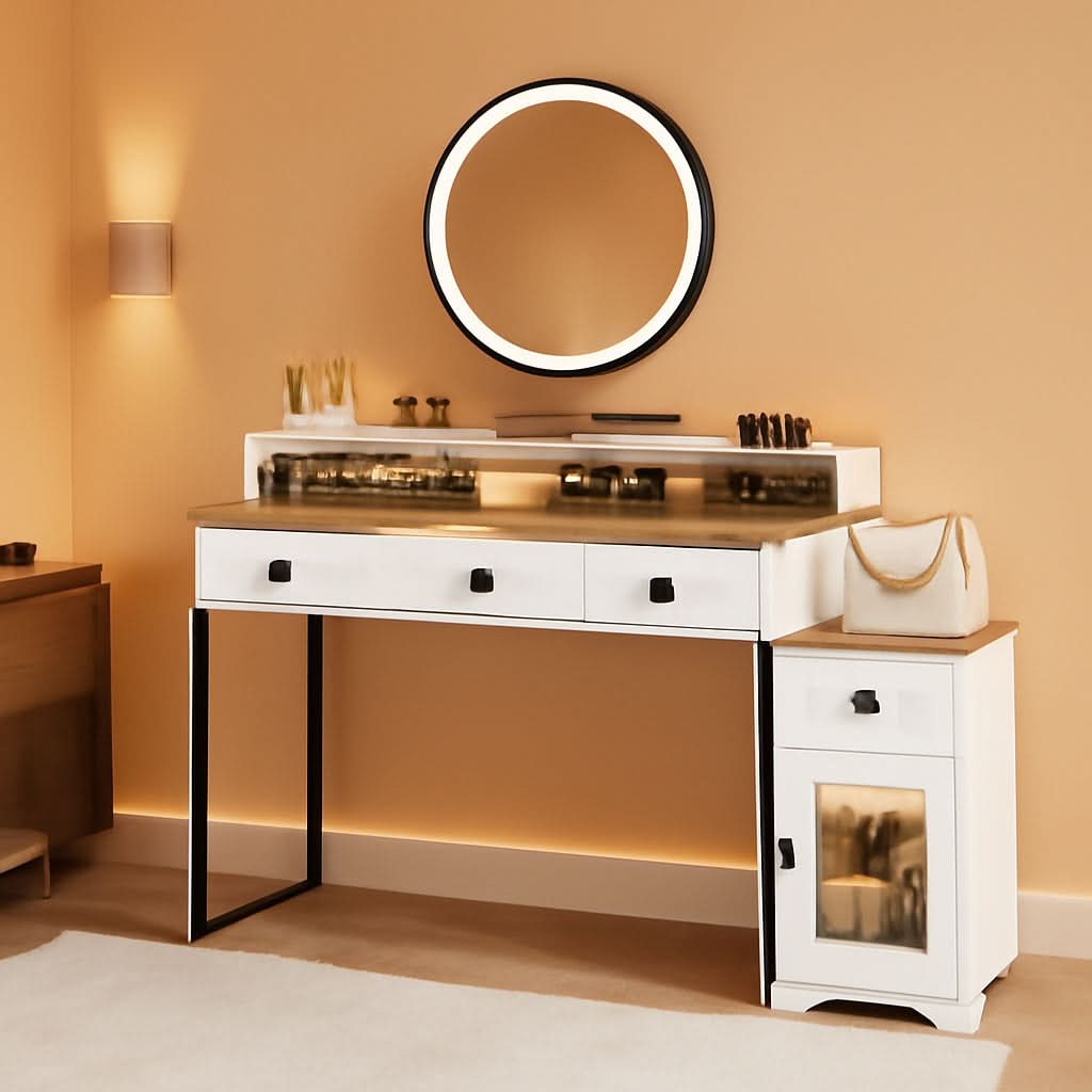 White Corner Vanity Mirror With Built In Charging Station