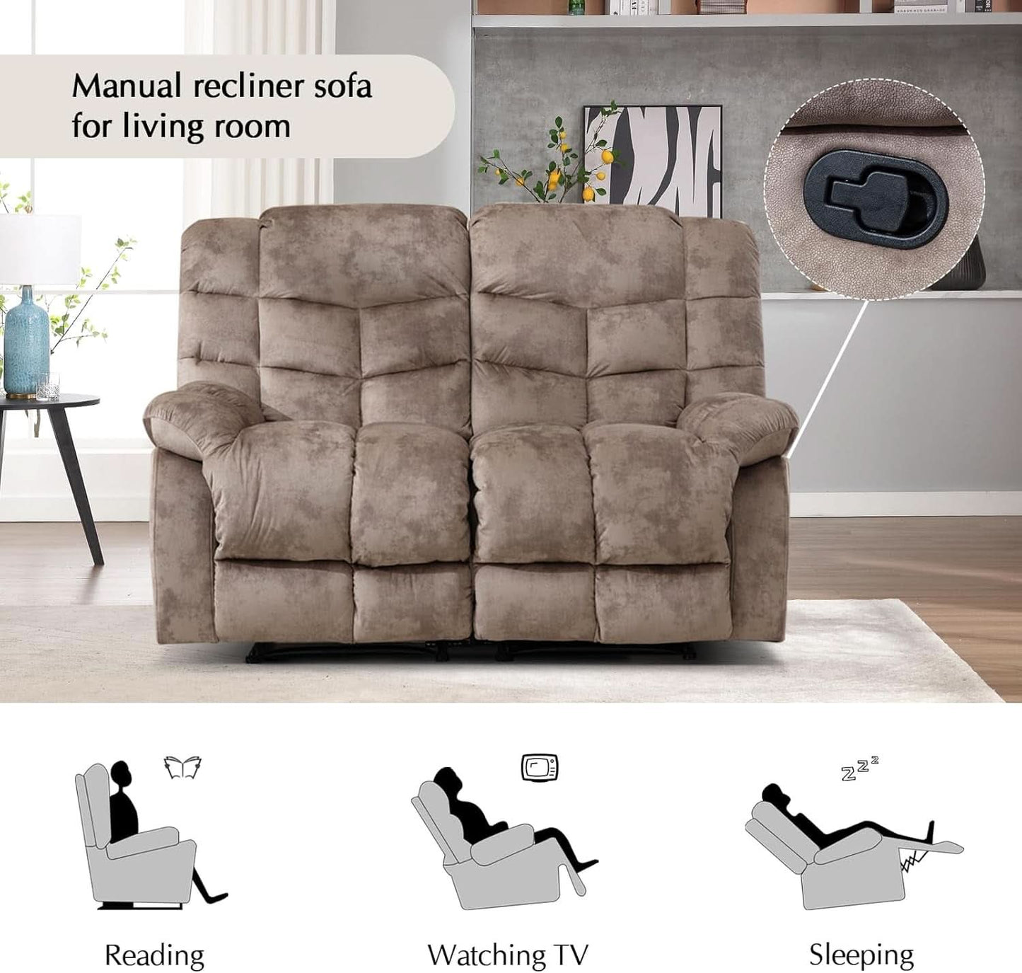 Manual Two Seat Loveseat Recliner Sofa Light Brown