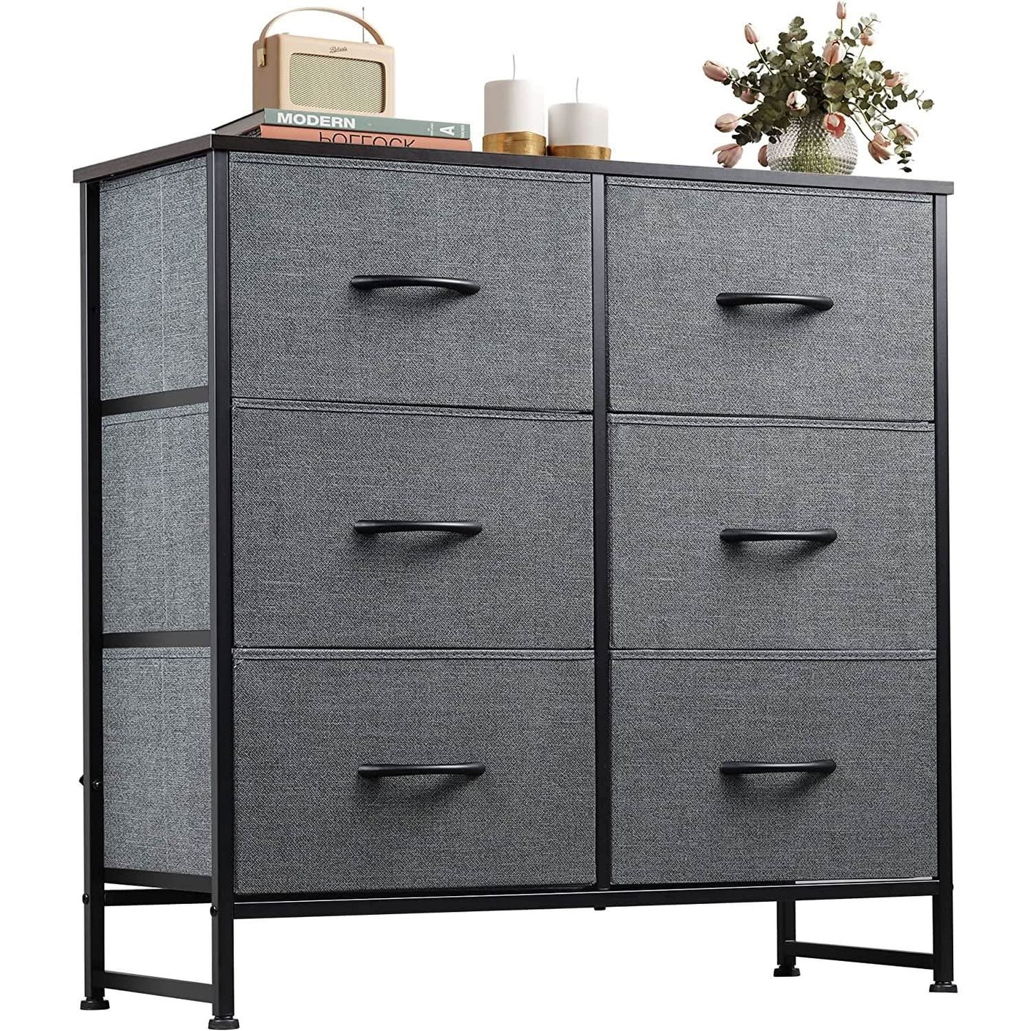 Six Drawer Dark Grey Fabric Dresser For Bedroom Storage