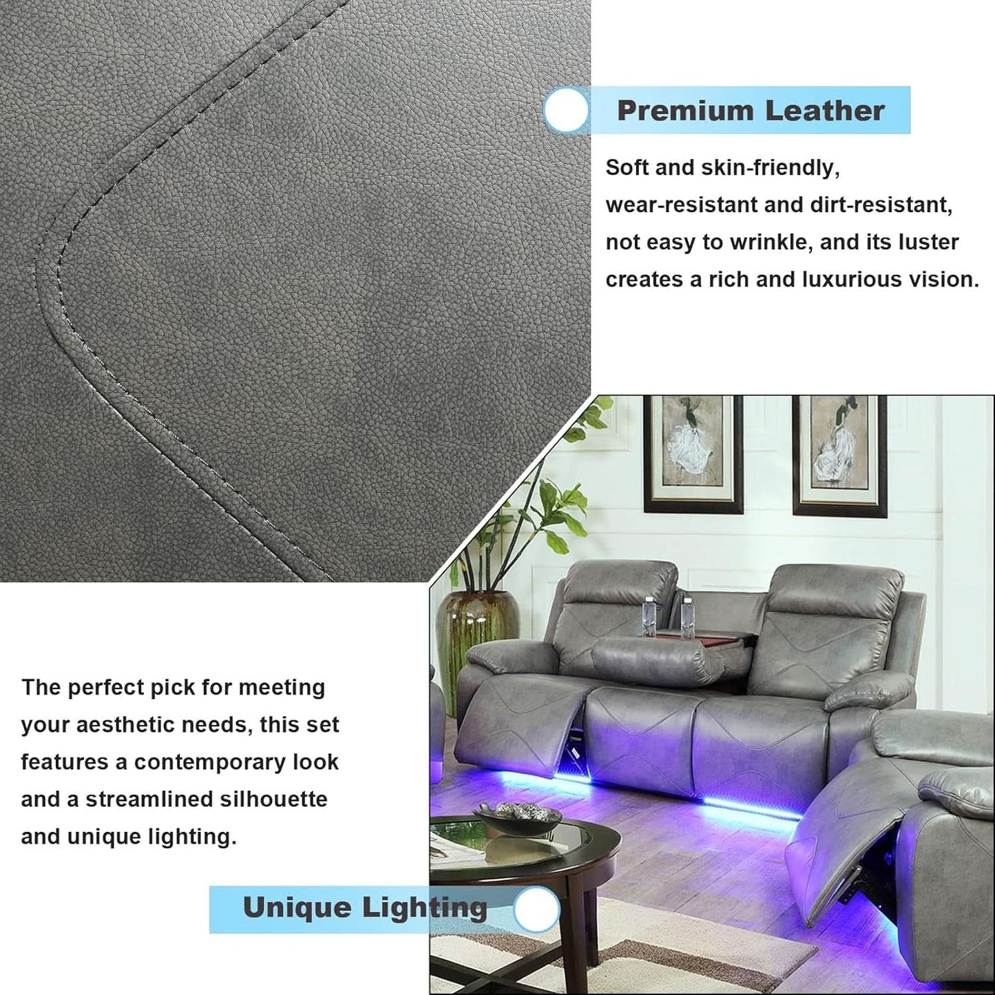 Power Leather Recliner Sofa Set, 2 Piece With LED Lights And USB Ports, Grey