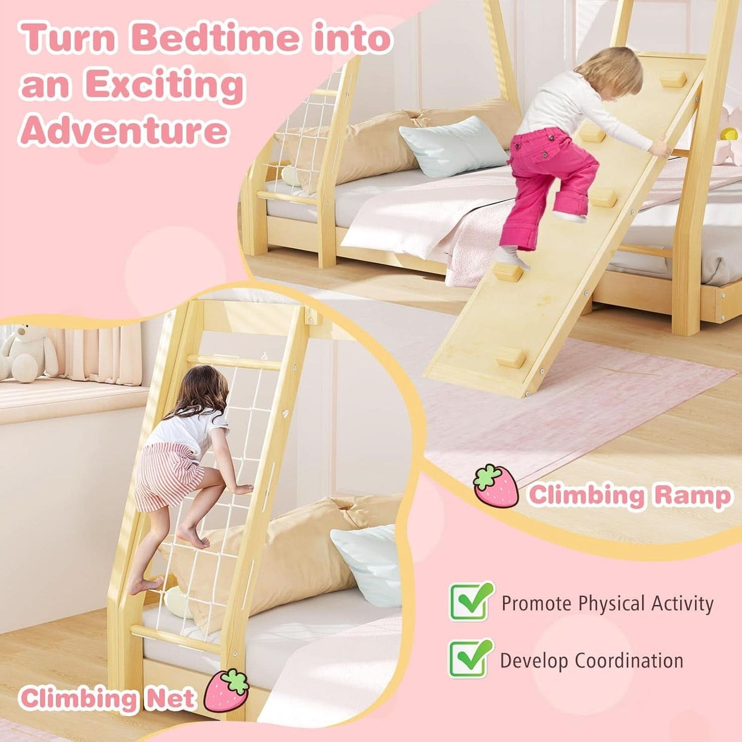 Twin Over Queen Bunk Bed With Climbing Nets Ramp Natural