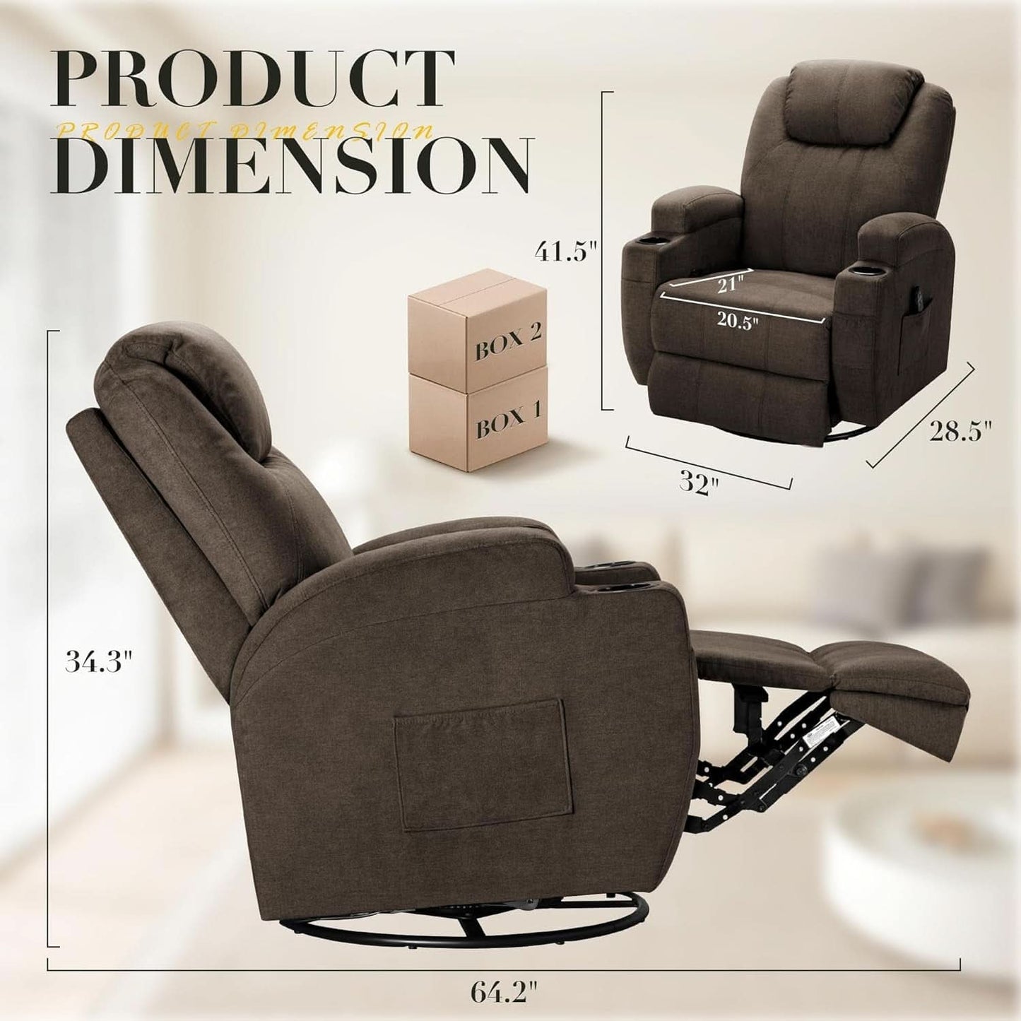 Brown Fabric Recliner Chair With 360 Swivel Massage