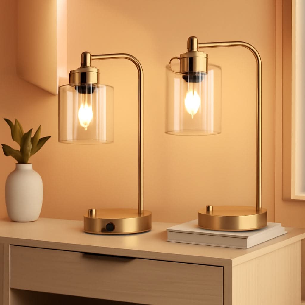 Set Of 2 Gold Table Lamps With 2 USB Ports Dimmable
