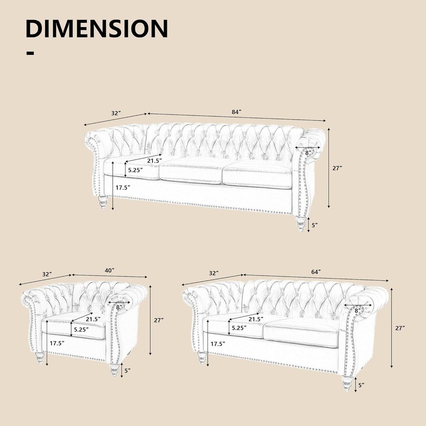 Three Piece Orange Sectional Sofa Set Tufted Living Room