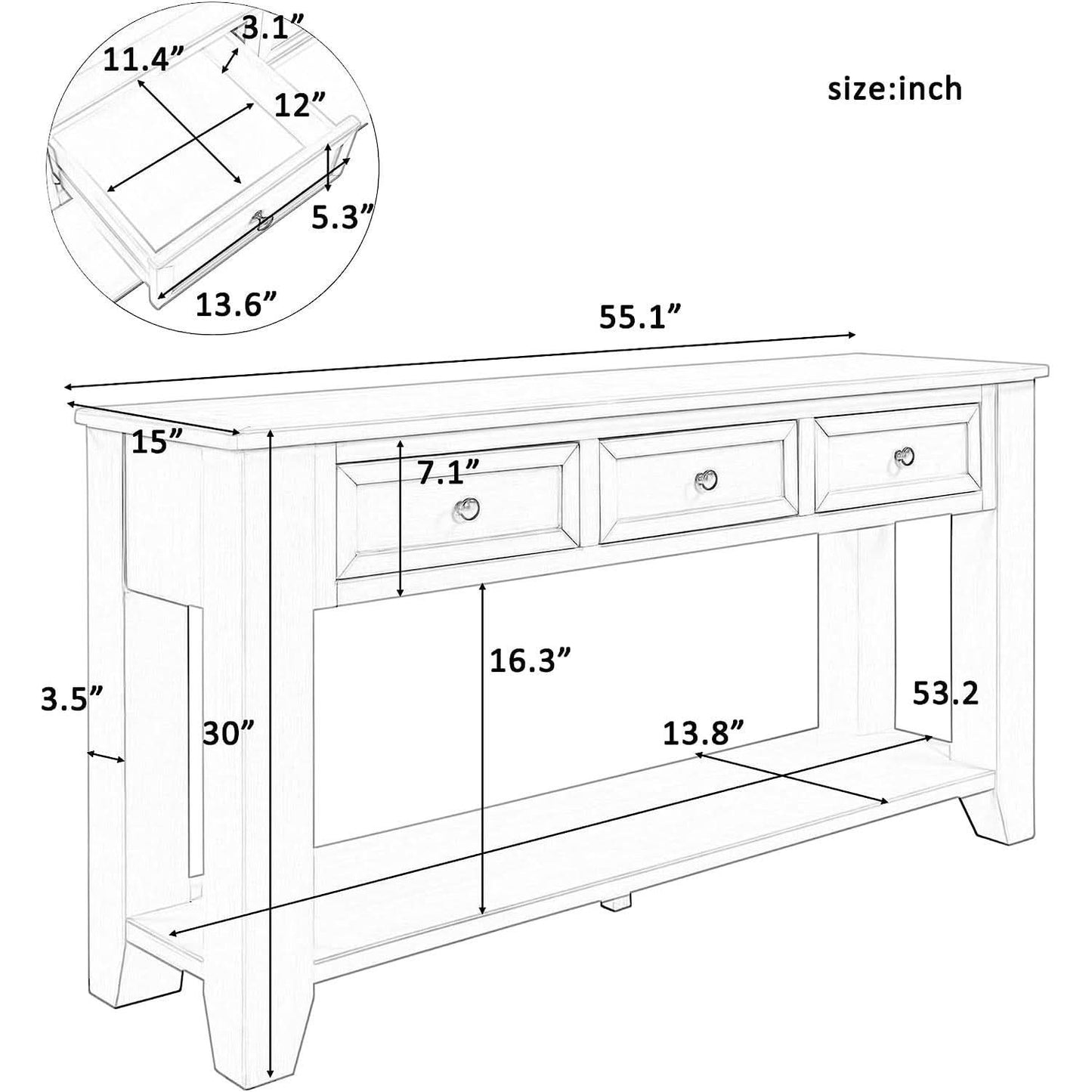 Black Console Table 55In Wide With 3 Drawers And Shelf
