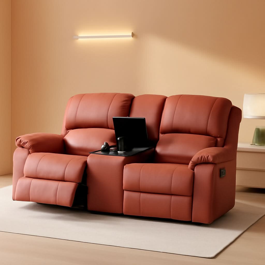 Red Faux Leather Reclining Loveseat With Storage Console