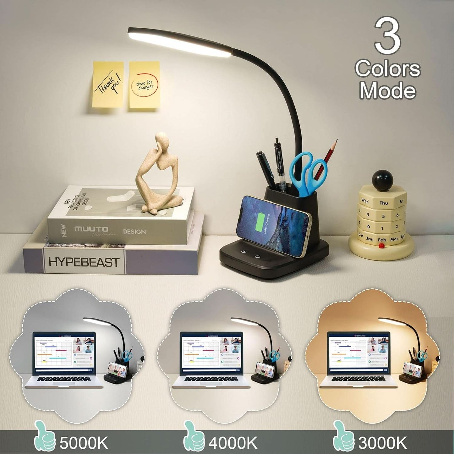 LED Desk Lamp With Wireless Charger Black For Home Office