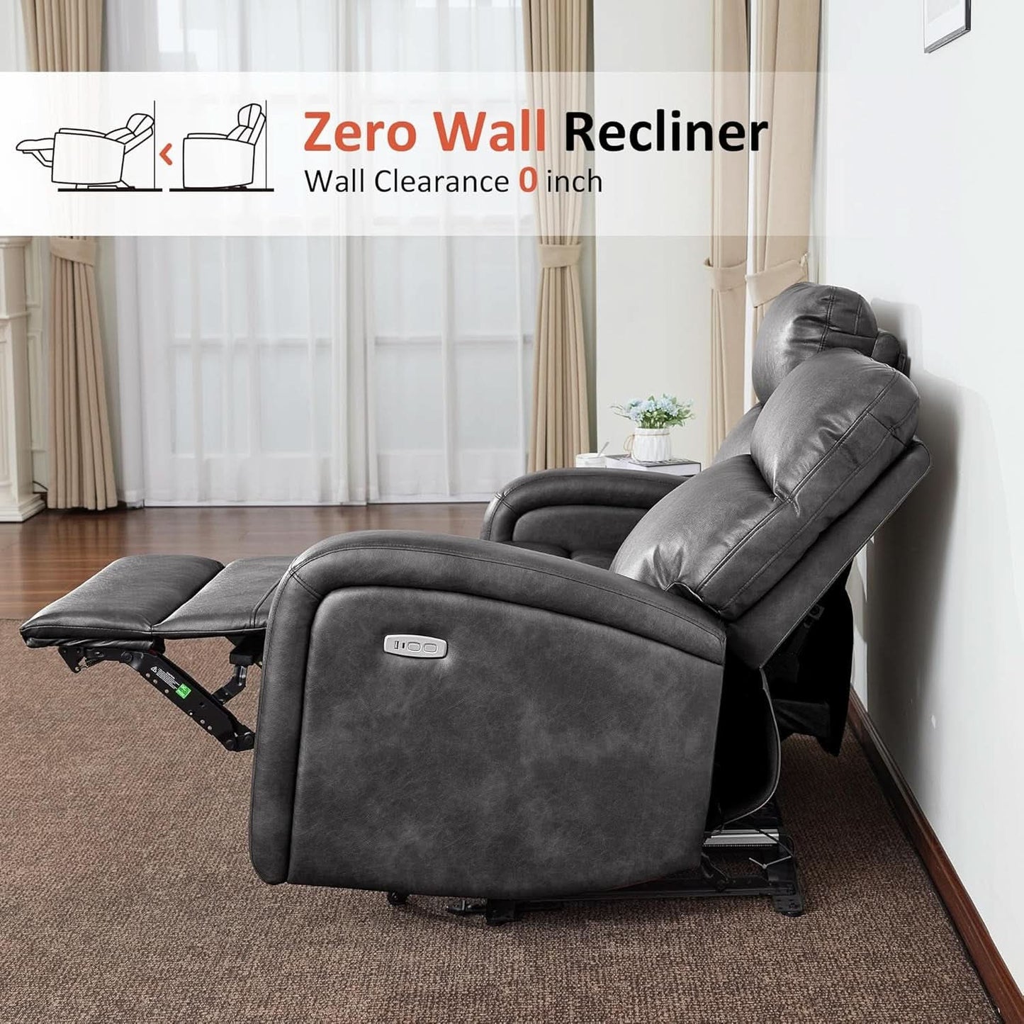 Dark Grey Zero Wall Power Recliner Loveseat With USB Ports