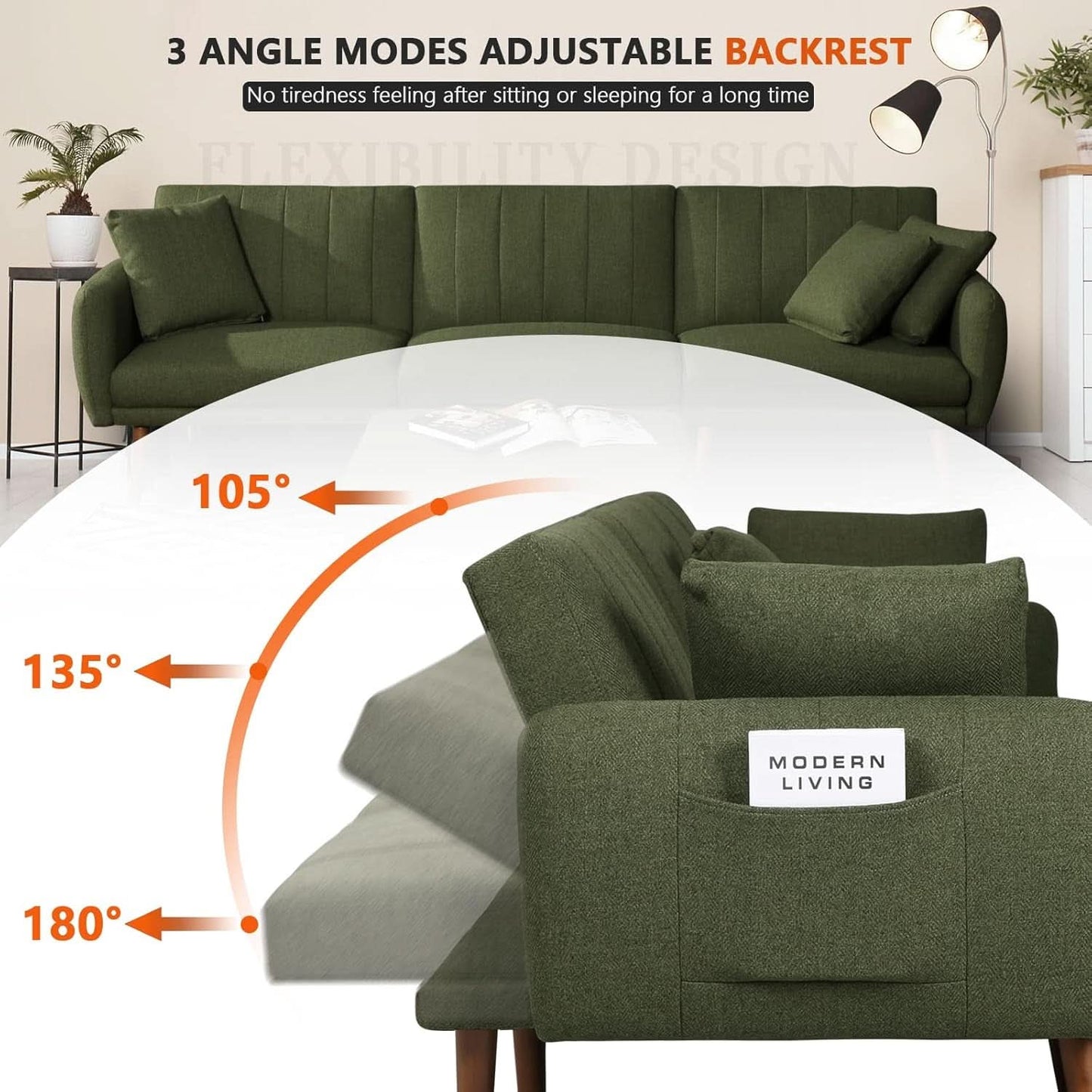 LShaped Linen Sleeper SofaBed With Reclining Backrest