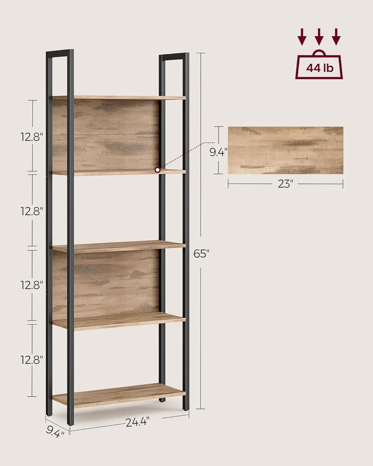 Five Tier Bookshelf With Steel Frame Camel Brown And Black