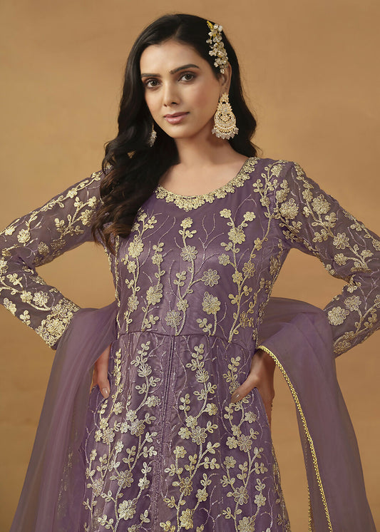 Pant Style Purple Embroidered Net Wedding Anarkali Suit - Emponline