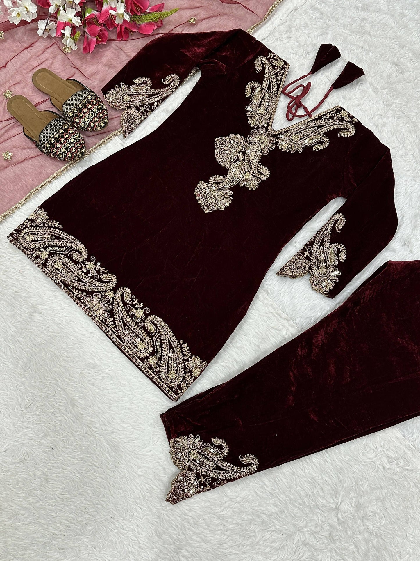 Vastranavya Wine Viscose Velvet Cording Sequence Embroidery Work Suit-Bottom With Dupatta