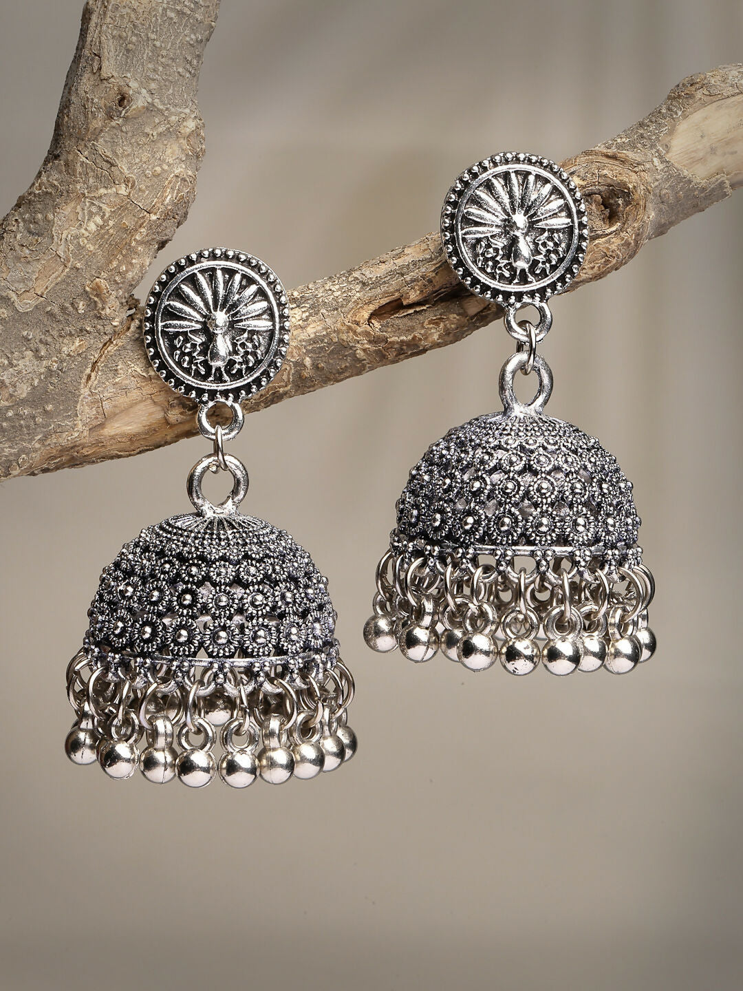 NVR Women's Silver-Toned German Silver Oxidised Dome Shaped Jhumka Earrings