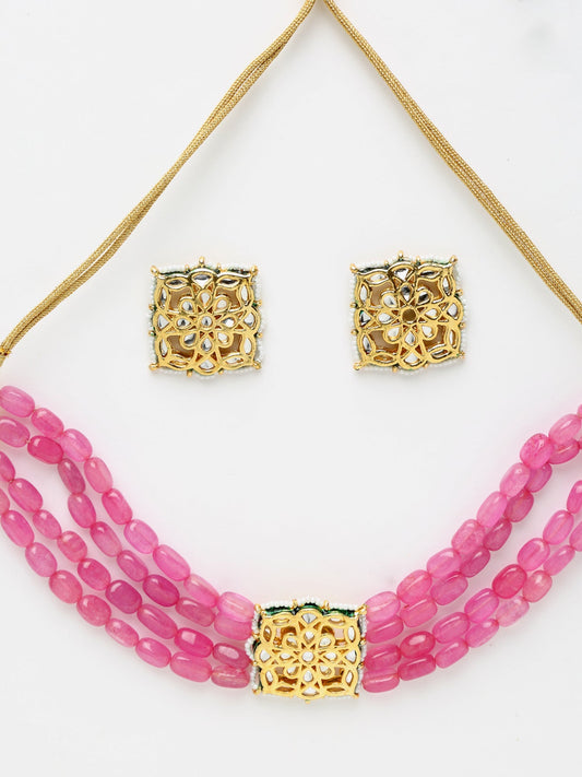 Gold-Polished Pink Kundan Choker With Studs - Ruby Raang