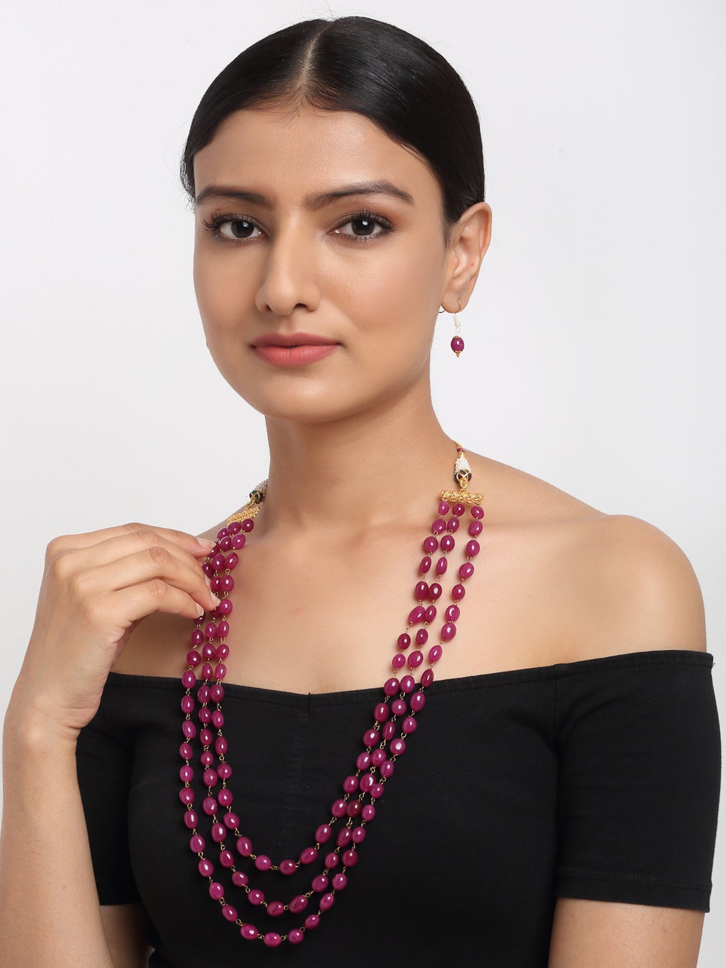 Layered Maroon Neckpiece With Earrings - Ruby Raang