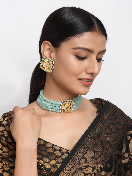 Stone Kundan Choker With Studs - Ruby Raang