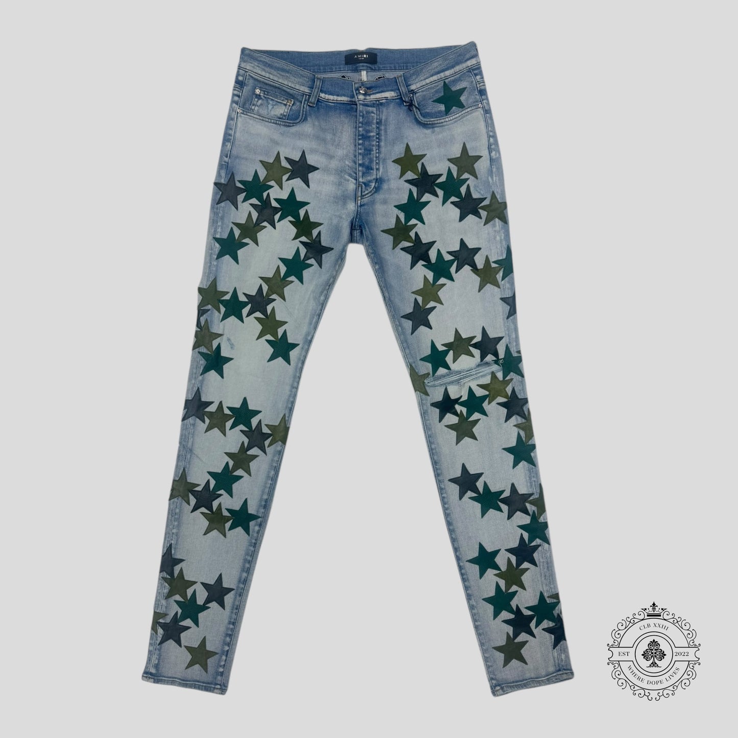 Amiri Chemist Star Patch Jeans in Light Indigo / Green