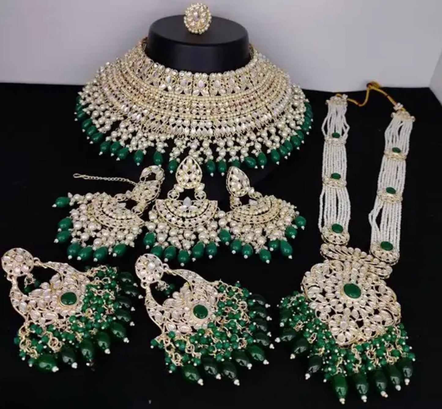 Jewel City Luxurious Pearl Kundan Bridal Jewelry Set - Necklace, Earrings, Tikka, and Long Necklace