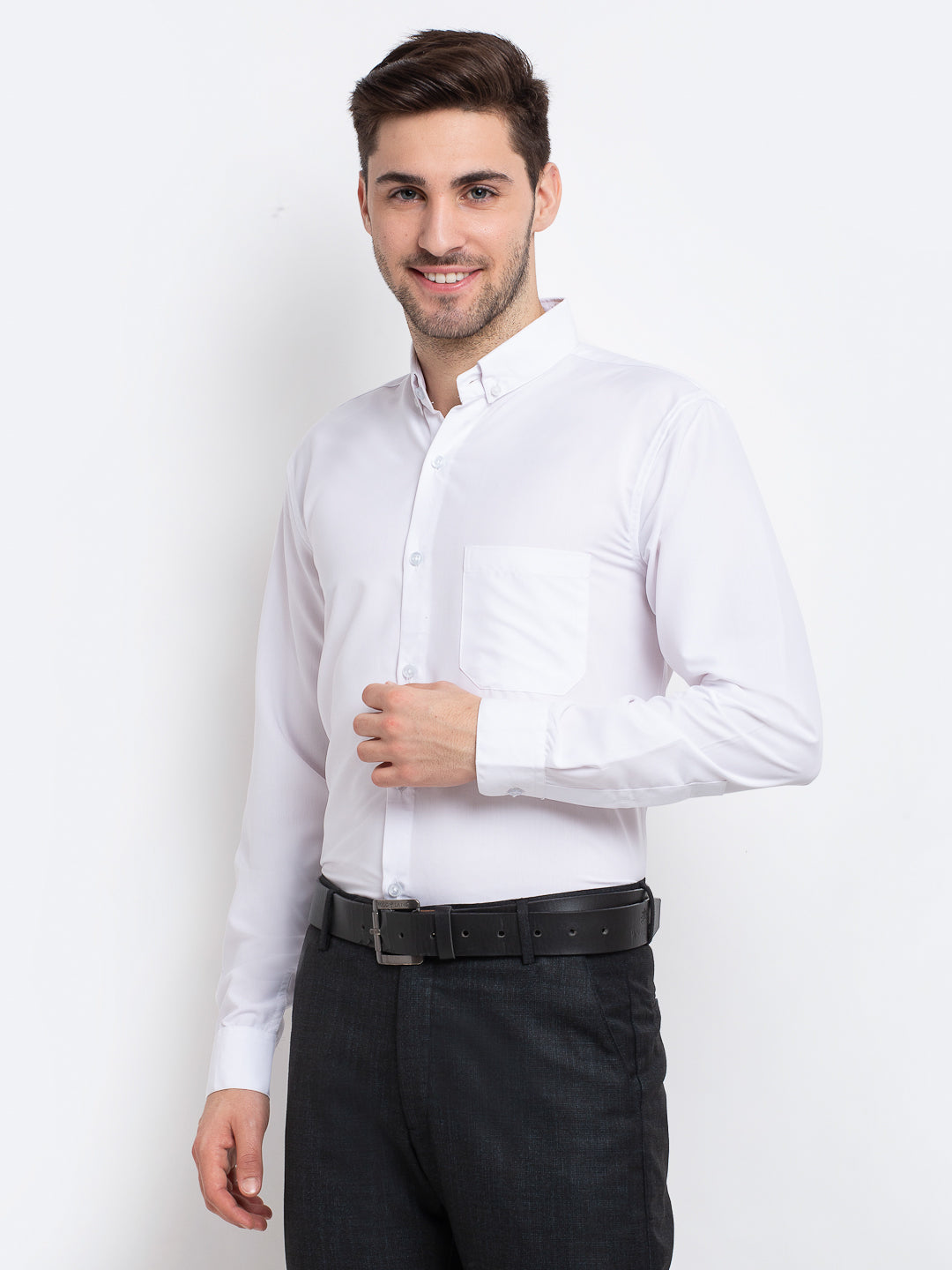 Jainish Men's Button Down Collar Cotton Formal Shirt - White