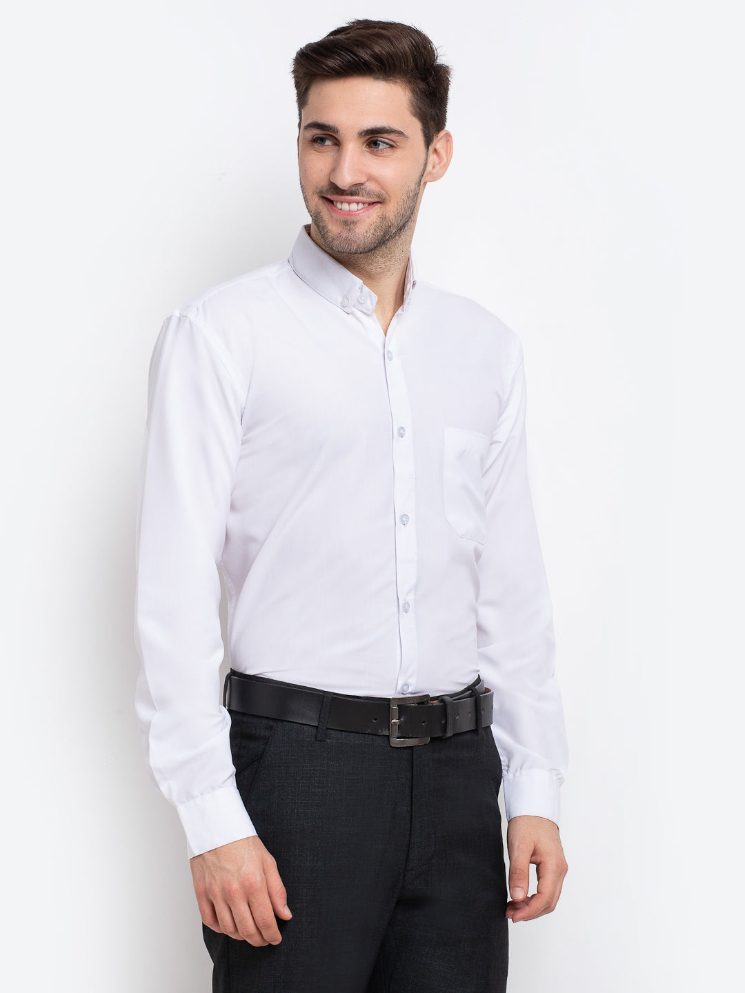 Jainish Men's Button Down Collar Cotton Formal Shirt - White