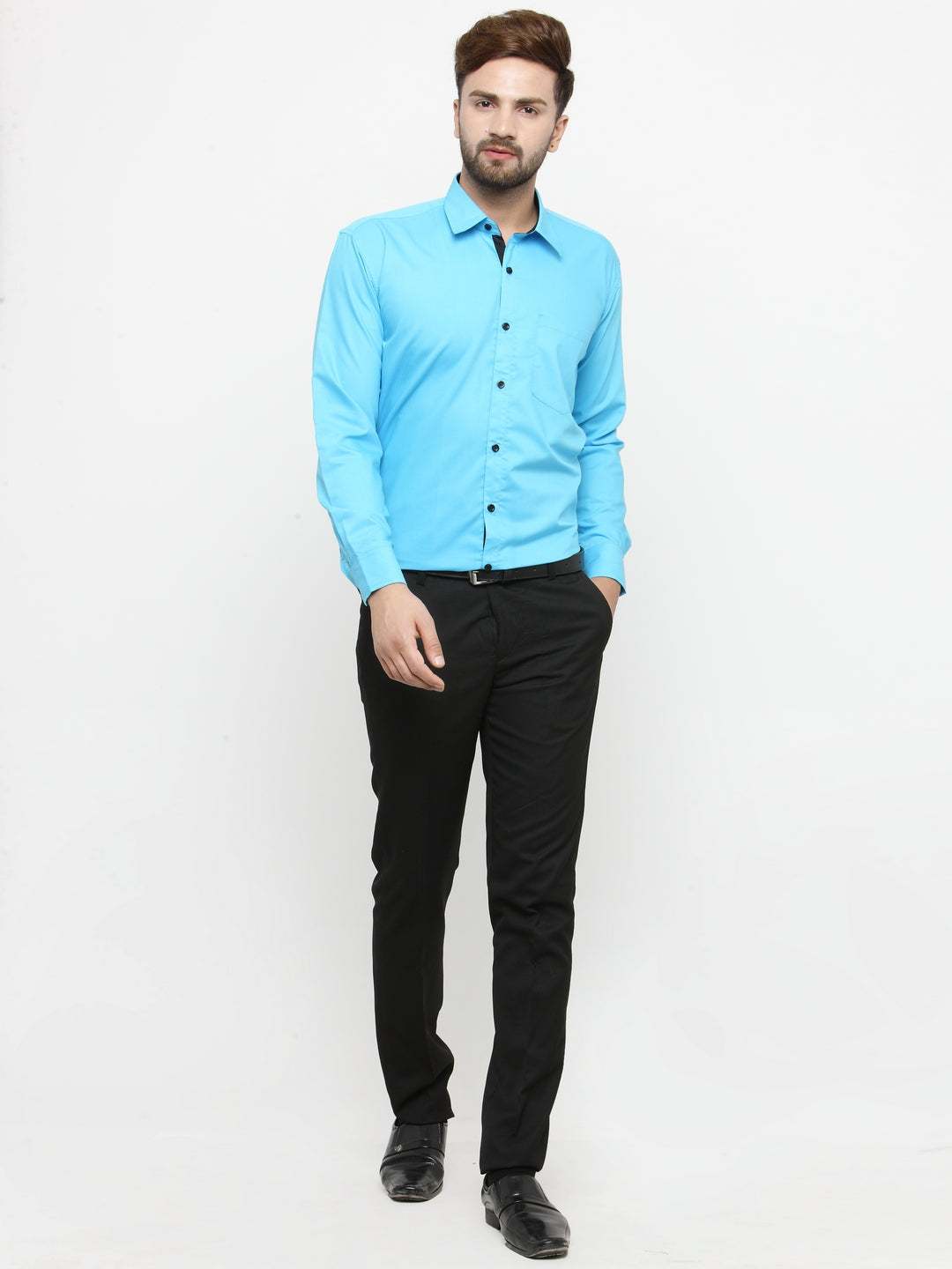 Jainish Sky Blue Formal Shirt with black detailing ( SF 411Sky )
