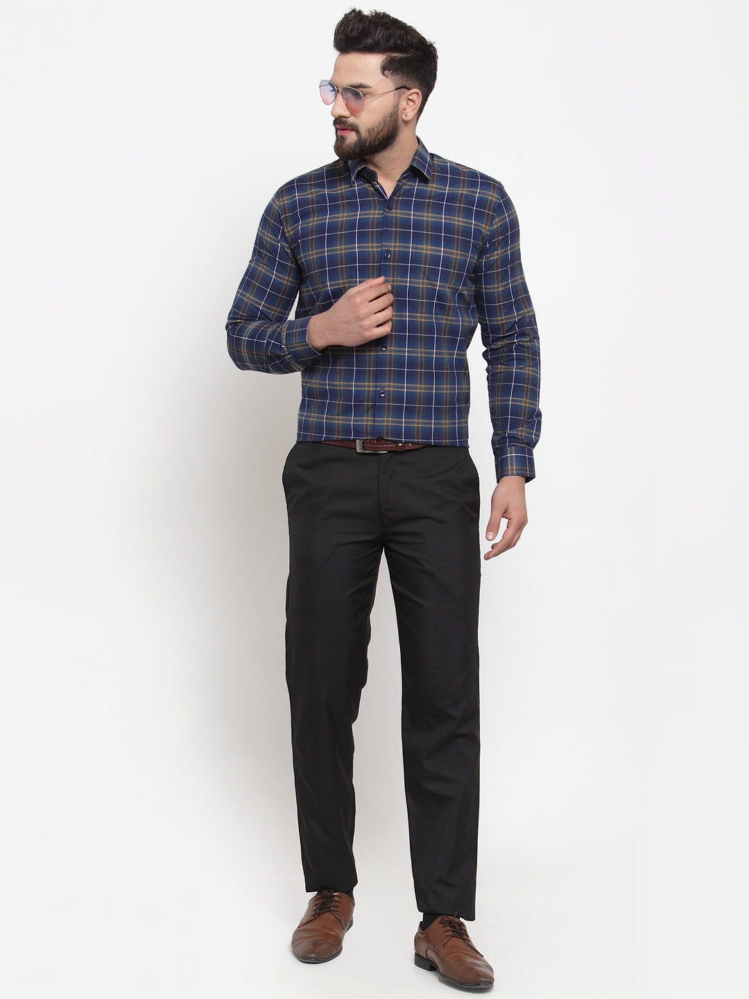Jainish Blue Men's Cotton Checked Formal Shirts ( SF 741Royal-Blue )
