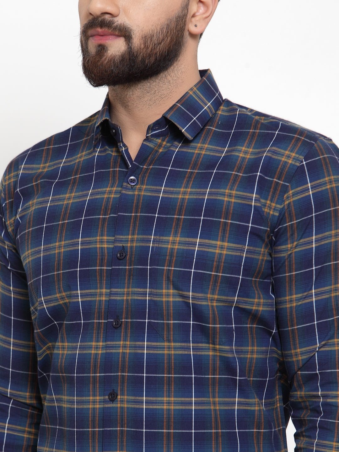 Jainish Blue Men's Cotton Checked Formal Shirts ( SF 741Royal-Blue )