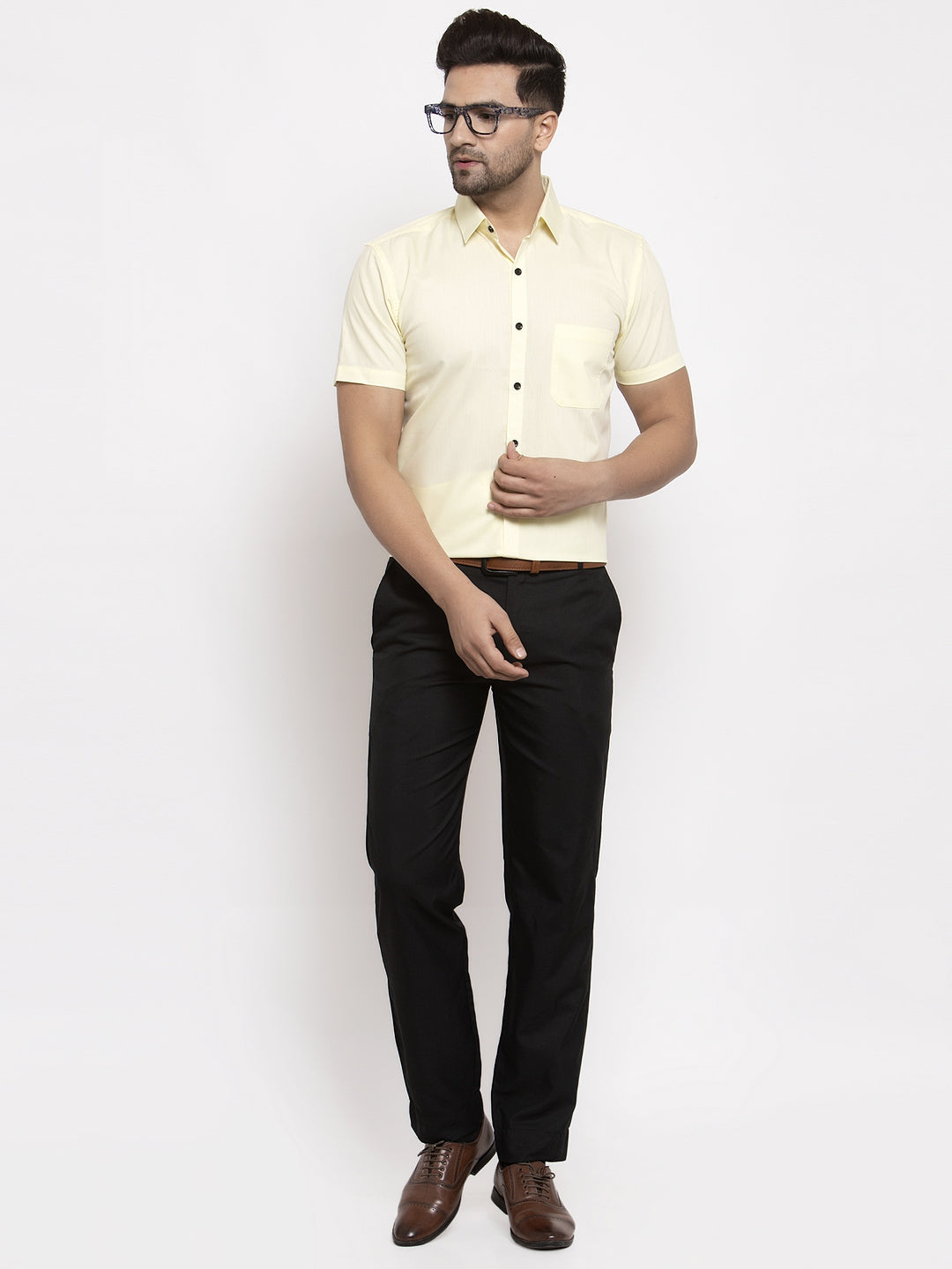 Jainish Yellow Men's Cotton Half Sleeves Solid Formal Shirts ( SF 754Lime )