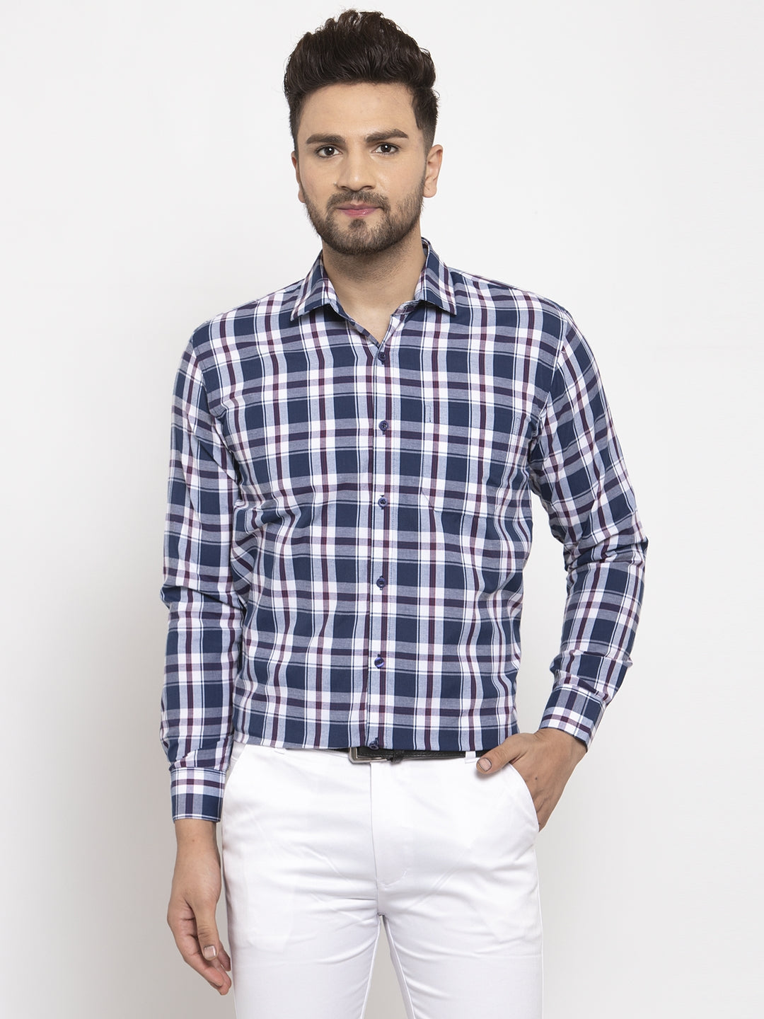 Jainish Navy Men's Cotton Checked Formal Shirt's ( SF 764Navy )