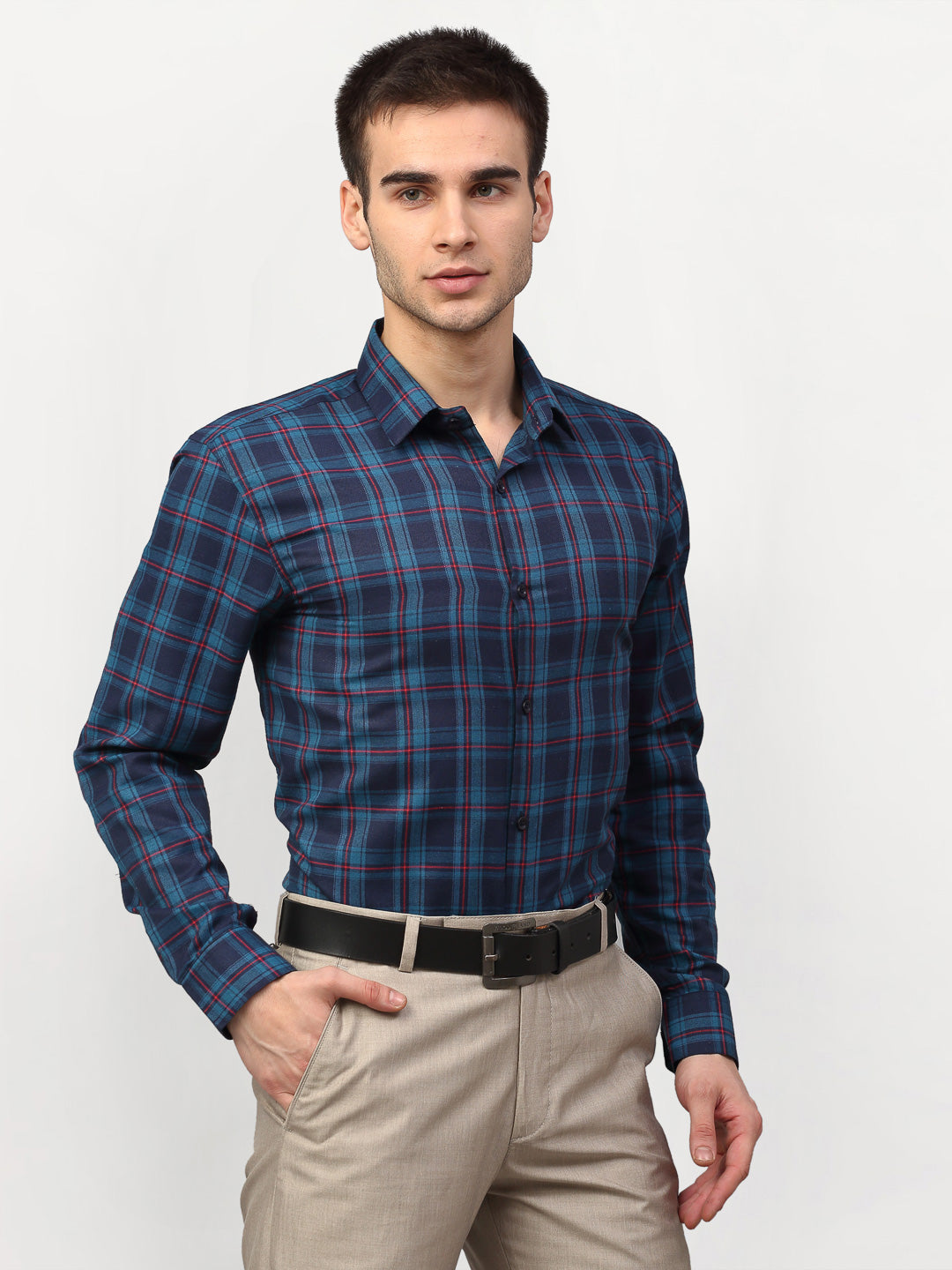 Jainish Blue Men's Checked Formal Shirts ( SF 781Sky-Blue )