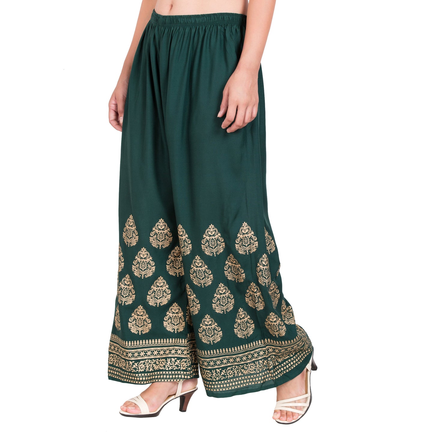 PAVONINE Bottle Green Color Golden Printed Rayon Fabric Sharara For Women