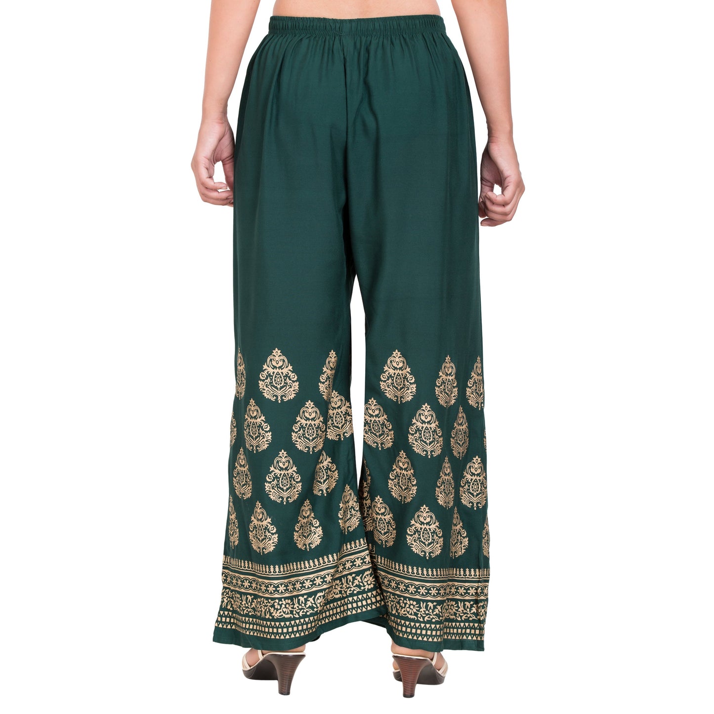 PAVONINE Bottle Green Color Golden Printed Rayon Fabric Sharara For Women