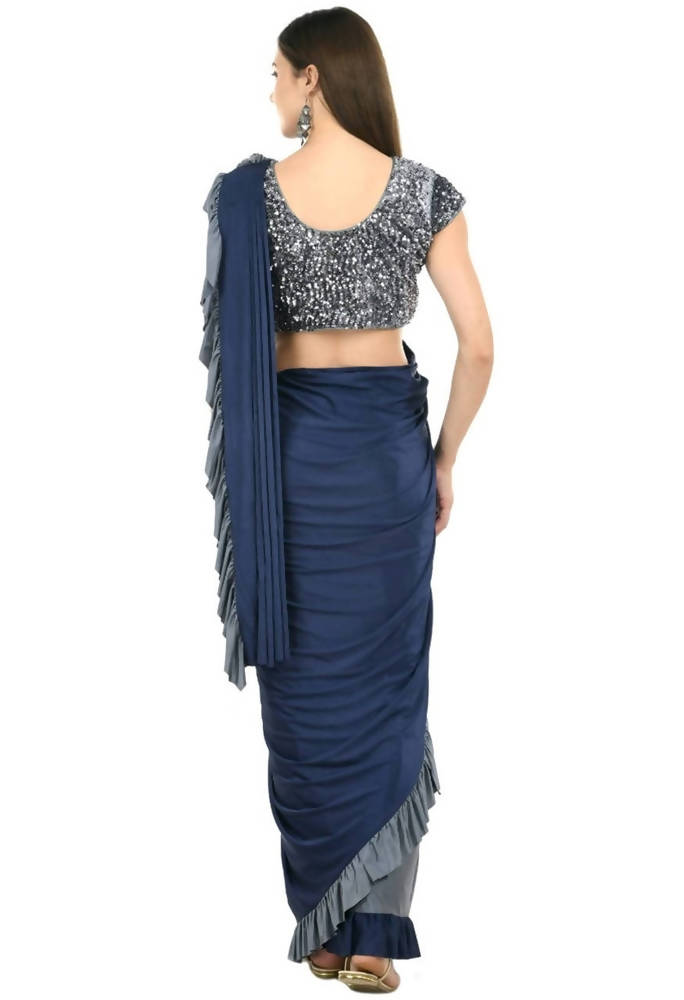 Mominos Fashion All Season Wear Gray And Blue Ruffled Ready To Wear Saree