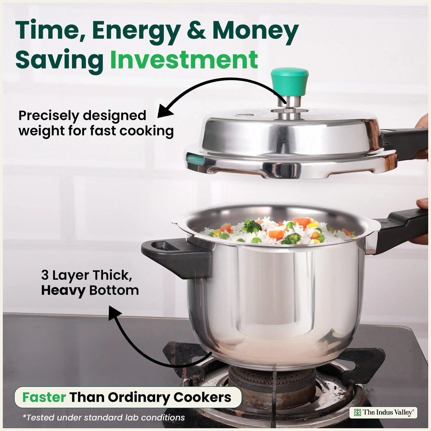 The Indus Valley QuicKooker Tri-Steel Stainless Steel Pressure Cooker, Premium Quality, 3 Layer Heavy Bottom, 100% Safe, ISI Certified, Induction & Gas, 3/5 L