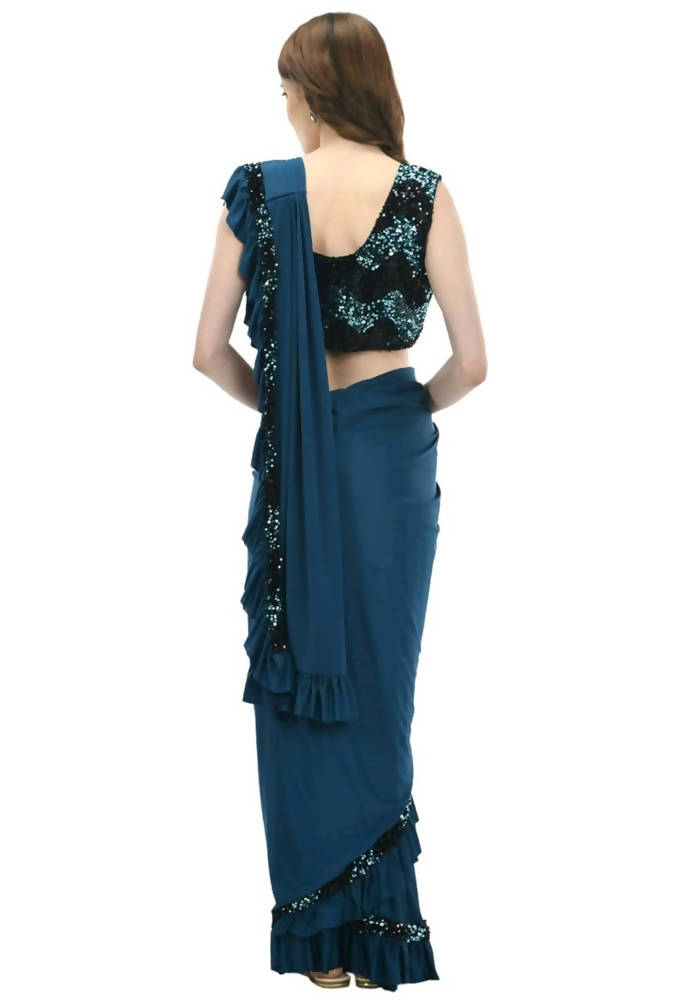 Mominos Fashion All Season Wear Peacock Blue And Black Ruffled Ready To Wear Saree