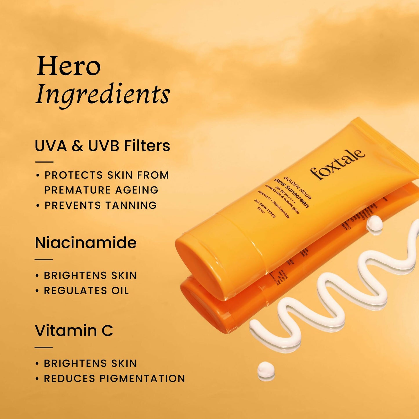 Foxtale Glow Sunscreen SPF 50 PA++++ Lightweight With Vitamin C And Niacinamide For a Dewy Glow, UVA And UVB Filters Prevents Tan