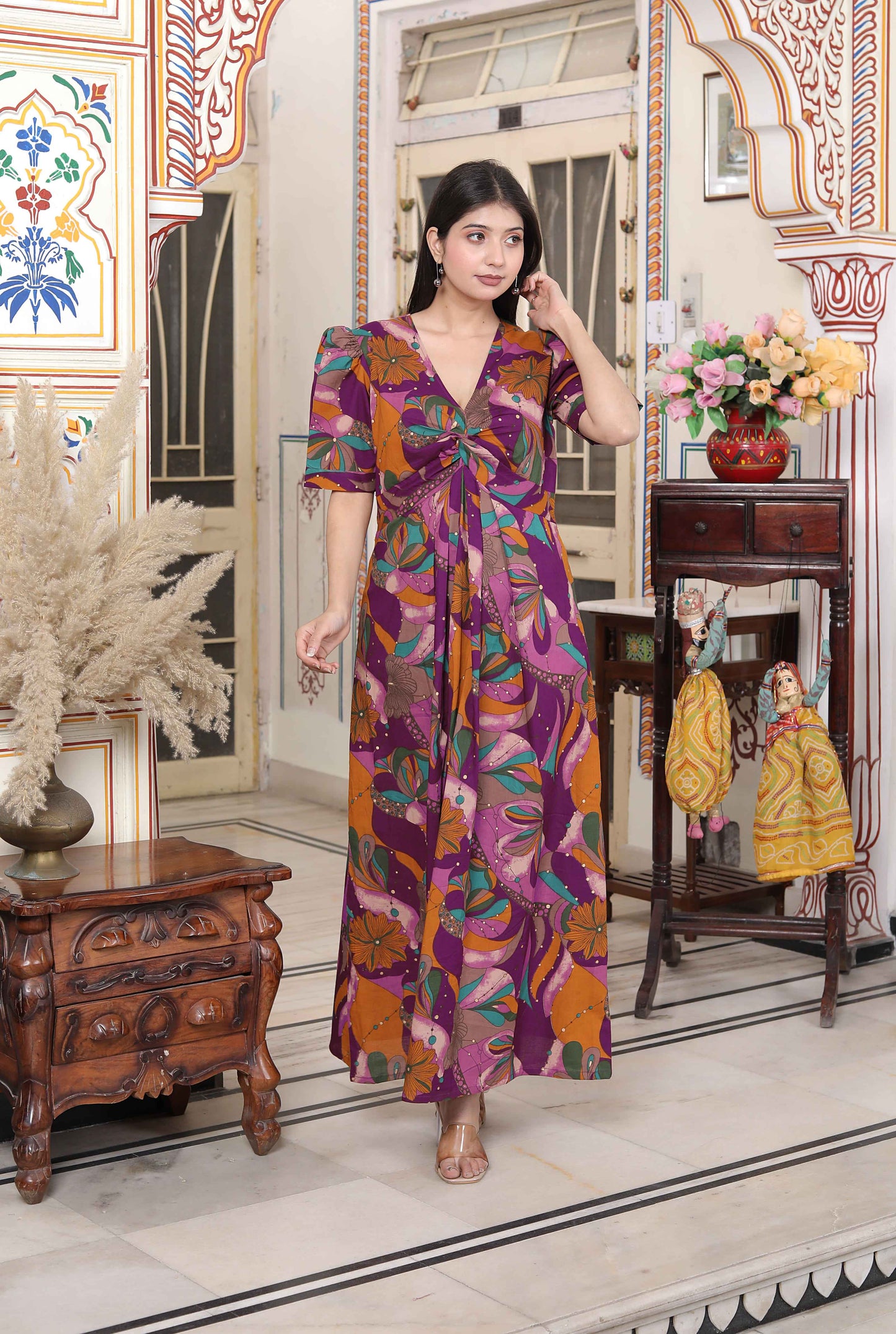 Miravan Women's Floral Print Puff Sleeve Pure Cotton Fit Flare Magenta Butterfly Maxi Dress