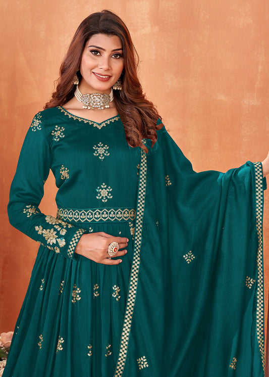 Rama Green Festive Embroidered Art Silk Anarkali Suit - Emponline