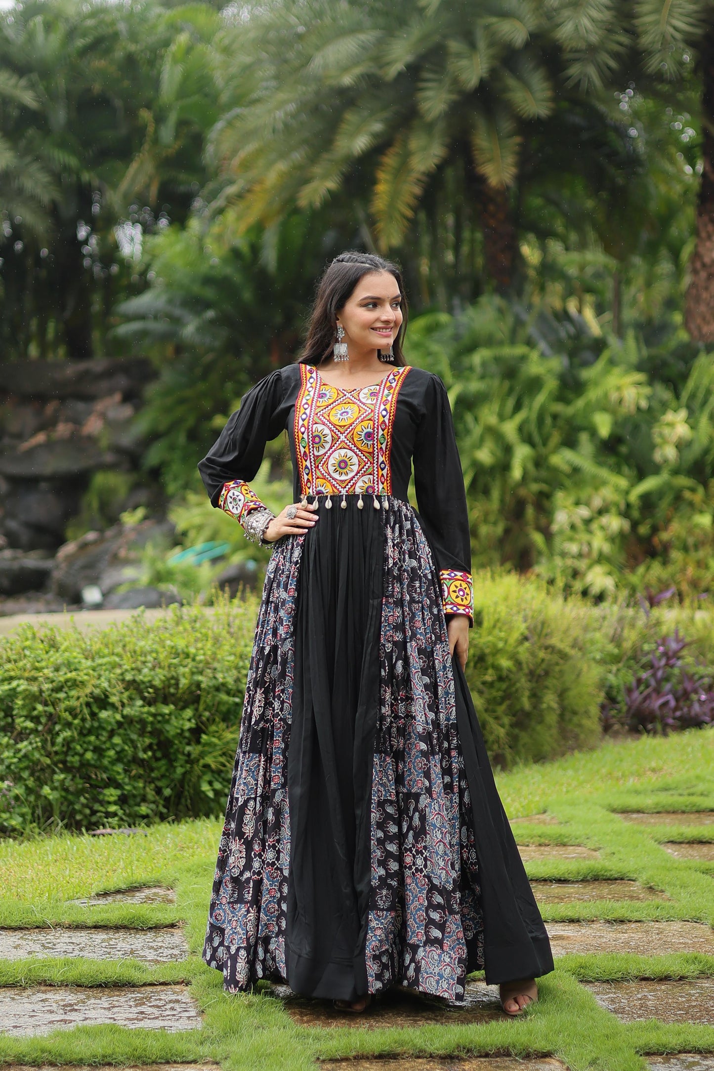 Lorenvalley Black Rayon Contrast of Printed with Kutchi Gamthi work Gown