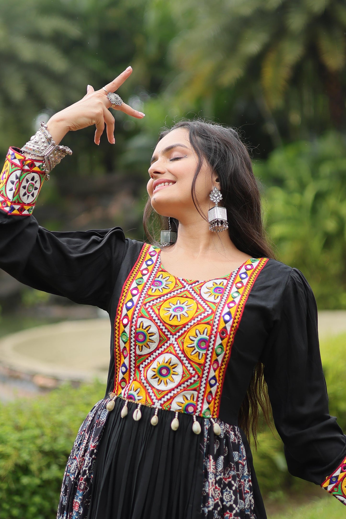 Lorenvalley Black Rayon Contrast of Printed with Kutchi Gamthi work Gown
