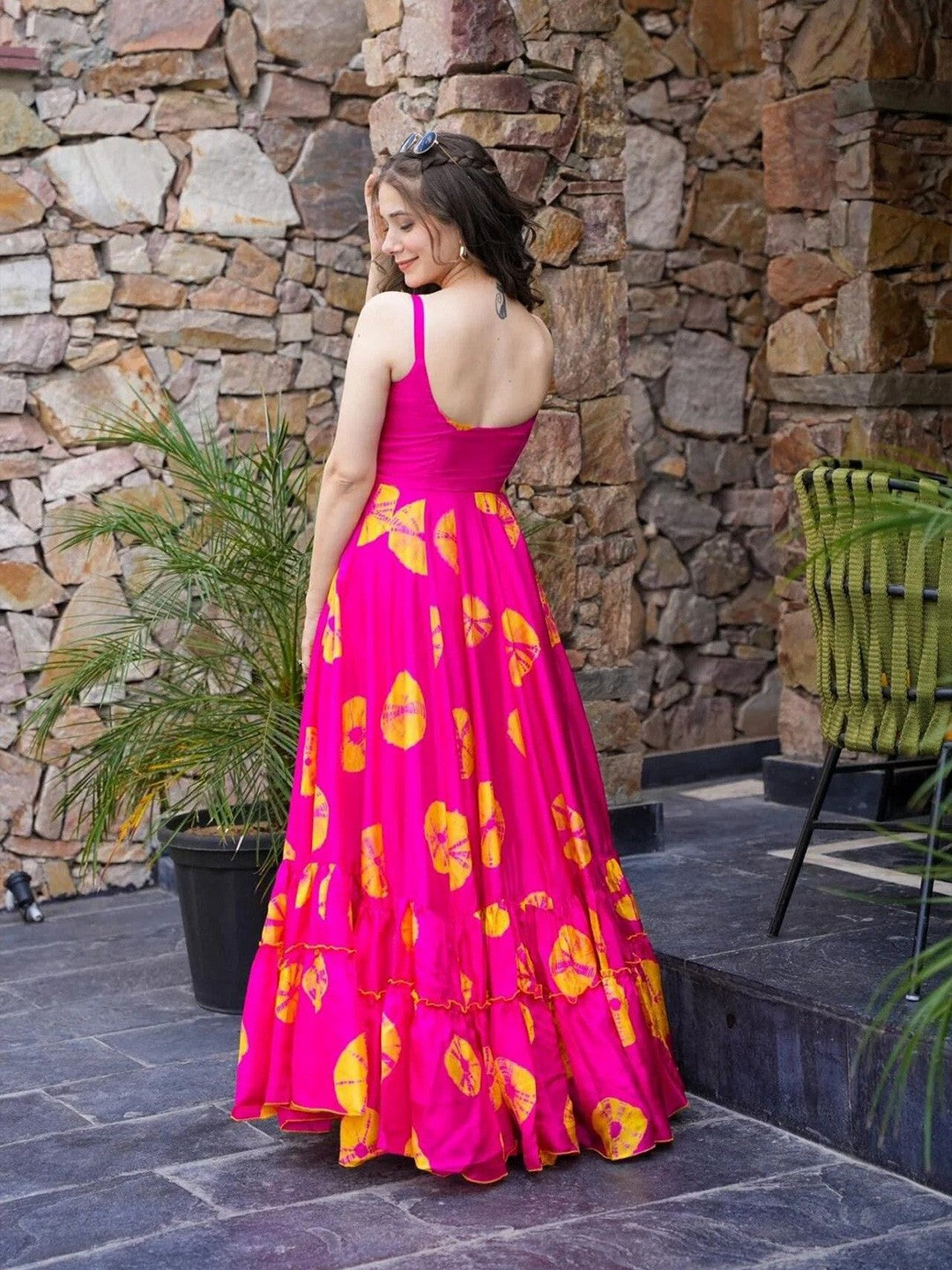 Lorenvalley Magenta Rayon Floral Print Fit & Flare Gown